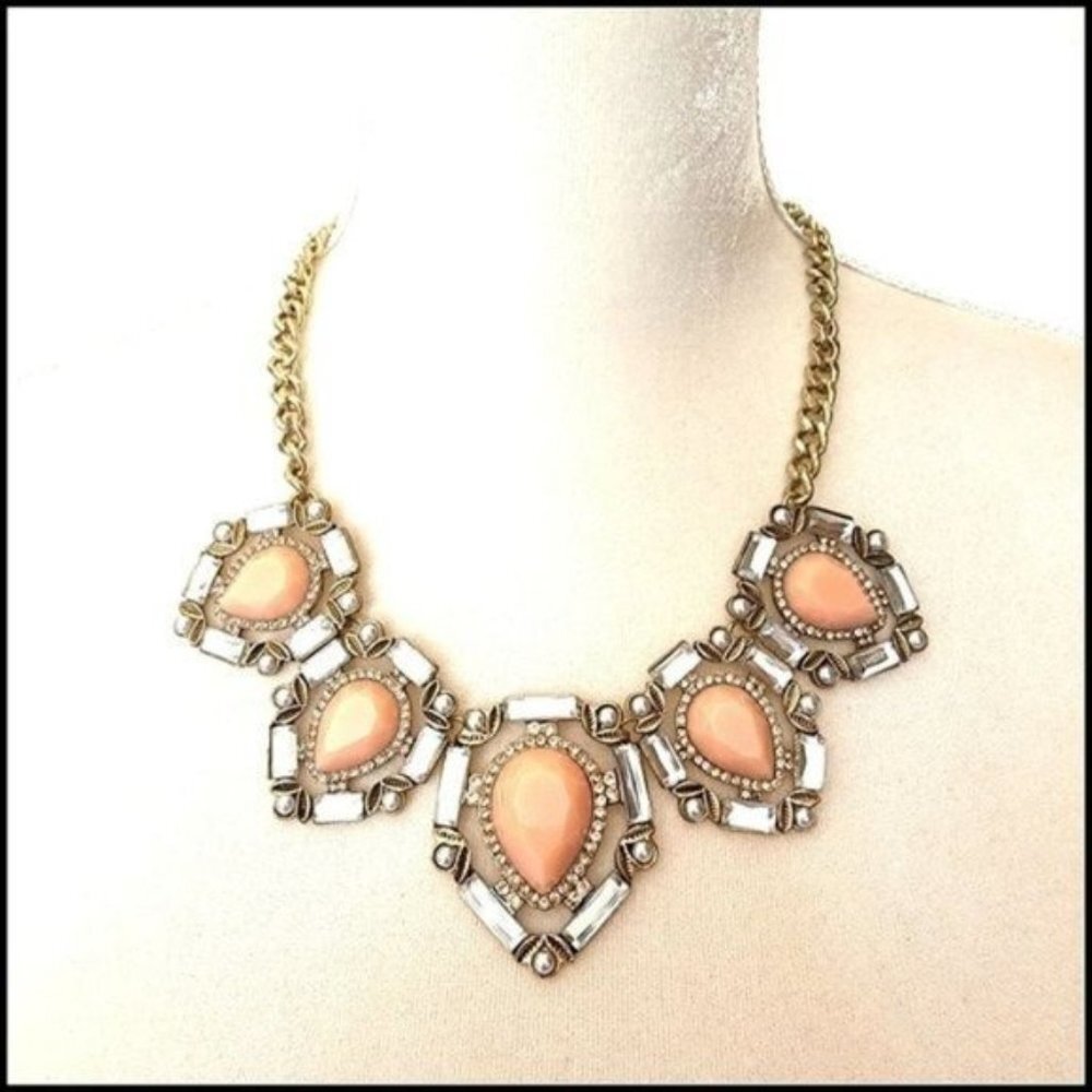 Vintage Necklace Statement Light Pink Cream Clear‎ Boho Chunky Stone Rhinestone